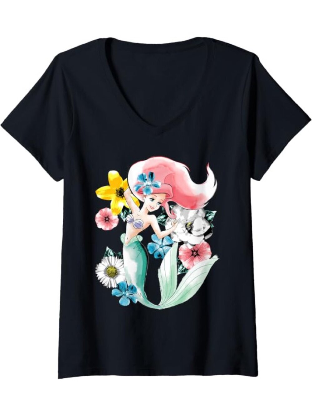 Disney Little Mermaid - Ariel Floral Portrait V-Neck T-Shirt - Women's Large